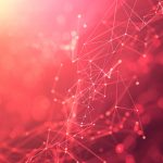 Digital illustration of a complex network on a vivid red backdrop.