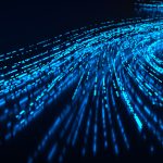 Big data analytics and high speed communication technology illustration. Data flow, data stream, digital information telecommunication and internet concept. Quantum computer qubits. Futuristic.