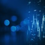 Creative forex chart on blue bokeh wallpaper. Finance and invest concept. Double exposure. 3D Rendering