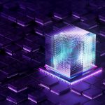 Complex quantum algorithms processing data inside a futuristic glass cube, symbolizing the power and potential of quantum computing in the digital age