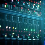 Servers close up. Modern datacenter. Cloud computing. Blade server and storage. 3d rendering