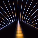 Neon abstract background of lines and bokeh